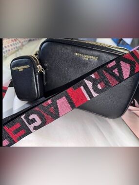 Karl Lagerfeld Black Crossbody with Pink Patterned Jacquard Strap EUC